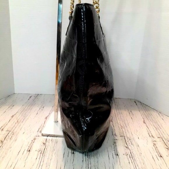 MICHAEL KORS JET SET SIGNATURE LOGO BLACK PATENT LEATHER CHAIN TOTE SHOULDER BAG - Picture 3 of 7